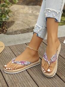 Chinelos femininos plus size, novos, minimalistas, com fundo bege, estampa floral rosa e azul, sandálias rasteiras casuais de ráfia para o dia a dia e praia, leves e confortáveis, padrões variados - Flores azuis rosa midi - Ver 3