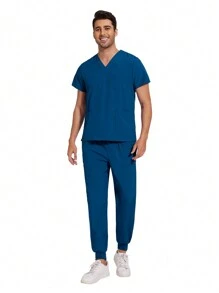 Conjunto de pijama médico para hombres con parte superior de manga corta multicolor + pantalón tipo jogger, uniforme de enfermería, veterinaria y trabajo