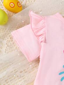 2件套可爱复活节兔子字母图案短袖连体衣和彩色波点网纱裙套装