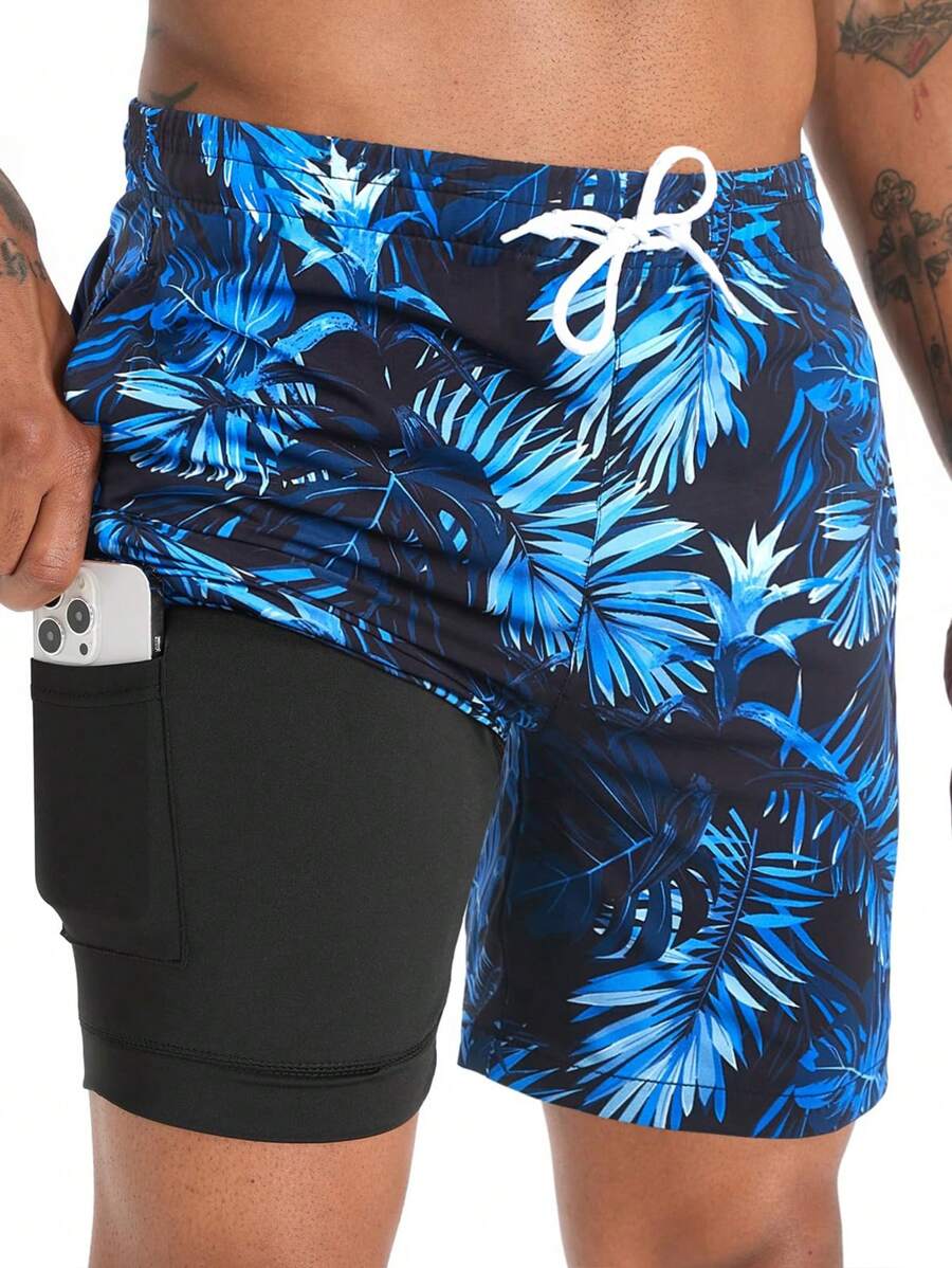 Men Plus Size Loose 3D Plant Print Men's Casual Beach Shorts With Compression Lining, Quick Dry Swim Trunks,Hawaiian - Multicolor - View 1