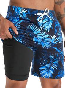 Men Plus Size Loose 3D Plant Print Men's Casual Beach Shorts With Compression Lining, Quick Dry Swim Trunks,Hawaiian - Multicolor - View 2