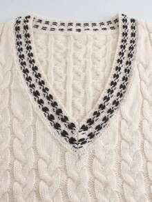Pull sans manches en maille col V pour femmes, design twist bicolore, décontracté et confortable, printemps/automne - Beige - Voir 5