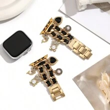 1条女士真皮绳吊坠不锈钢表带，兼容38/40/41/42/44/45/49mm表带，适用于Ultra/SE/8/7/6/5/4/3/2/1 - 金色 - 查看 4