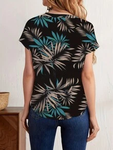 女士度假热带植物印花镂空 V 领蝙蝠袖衬衫 - 黑色 - 查看 2