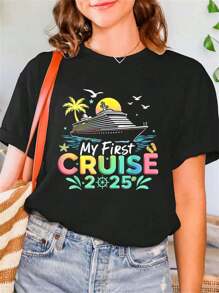100% Cotton My First Cruise 2025 Cruising Ship Vacation Travel Trip T-Shirt Print Crew Neck T-Shirt,  Graphic T Shirts, Casual Short Sleeve T-Shirt For Spring & Summer, 's Clothing Print Crew Neck T-Shirt, Women Graphic T Shirts, Casual Short Sleeve T-Shirt For Spring & Summer, Women's Clothing Print Crew Neck T-Shirt, Women Graphic T Shirts, Casual Short Sleeve T-Shirt For Spring & Summer, Women's Clothing