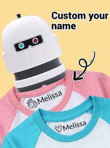 1pc Custom Name Cartoon Robot Signature Stamp For Kids, Cartoon Pattern Name Stamps Personalized, DIY Customized Cartoon Self Inking Name Stamp - White - View 2