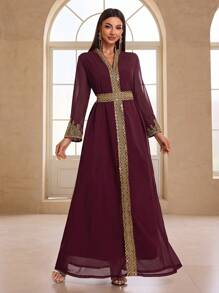 YISIKADO Vestido de noche estilo árabe para mujer, vestido largo con cinturón, cuello alto, mangas largas, de chifón y encaje bordado, ideal para fiestas, invitada de boda y eventos formales