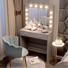 Dressing Table Set With LED Lights Mirror, Vanity Makeup Table 2 Large Drawers And Stool (Grey) - Grey - View 5