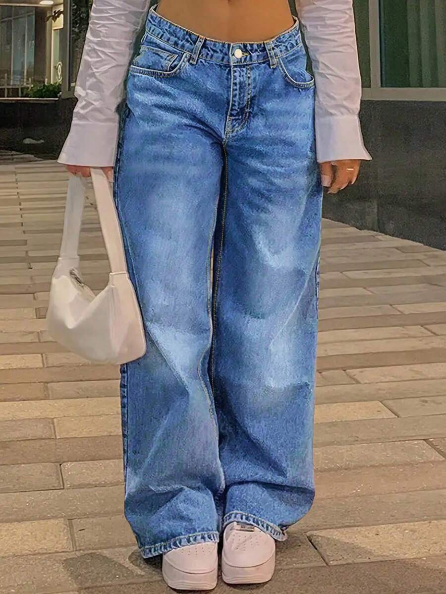 Women's Loose Jeans With Wide Legs, High Waist, Loose Boyfriend Jeans, Denim Pants, Y2K Jeans - 中等水洗藍 - 查看 1