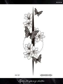 Waterproof Temporary Transfer Tattoo,Cute Y2K Style, Floral Blossom & Butterfly Pattern, Delicate Line Details, Long Lasting Fake Tattoo Stickers, Body Art Decals For Women, Suitable For Chest, Torso, Arm, Party & Daily Decoration - Black - View 5