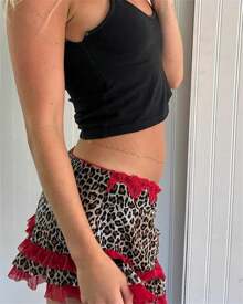 Women Mini Short Skirt Low Waisted Leopard Print Ruffle Lace Edge Fashion Short Skirt - Red - View 7