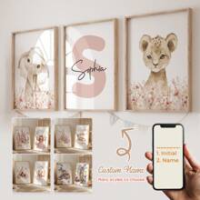 Set de 3 carteles personalizados con nombre de niña en lienzo, póster personalizado con nombre para decoración del hogar, impresiones en lienzo de dibujos animados de animales como león, elefante y jirafa para sala de estar, dormitorio, guardería de niña, habitación de niños y niños, decoración del hogar, regalo perfecto y decoración, regalo sin marco, Día de San Valentín, decoración del Día de San Valentín a prueba de agua, anti-moho, estiloso, adorable, personalizado de alta calidad, único, regalos ideales para ella, hijo, hija, estudiantes escolares, niños para aniversarios, cumpleaños, escuela, oficina, hogar