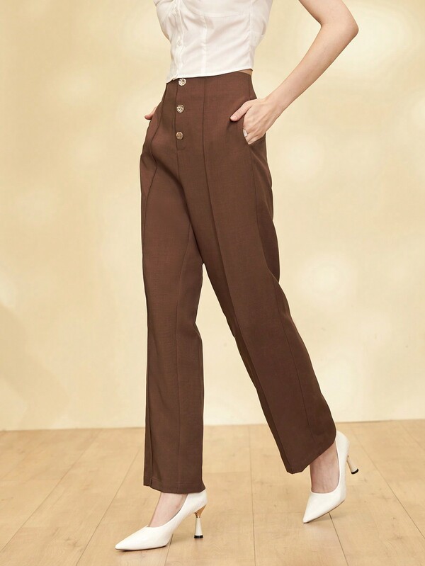 Women's Solid Color Elegant Metal Button Formal Office Tapered Trouser, Workwear Pocket French Style Pants
