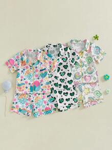 Girls 2PCS Sets Short Sleeve Lapel Button Up Dount/Clover/Egg/Leopard Heart Print Shirt Shorts