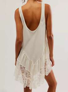 Women's Summer Sleevelesss Dress Lace Patchwork Deep U-Neck Backless Mini Loose Dress - 白色 - 查看 4