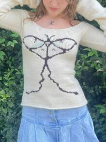 WomenY2k Off The Shoulder Sweater Slim Fit Graphic Print Long Sleeve Knit Crop Tops Fairy Grunge Vintage Pullover Streetwear E-Girls Aesthetic Clothes - 白色 - 查看 3