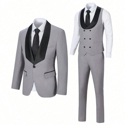 Furuyal Men's Suits Gentleman Slim Fit Two Button Business Suit Men 3 Pieces Blazer Vest Pants Set Party Wedding Prom Light Gray Size XS-3XL