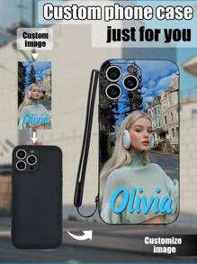 1 Funda de teléfono personalizable de TPU negro y 1 correa de silicona negra para cordón, compatibles con iPhone, Galaxy, Redmi y talla grande modelos de teléfono