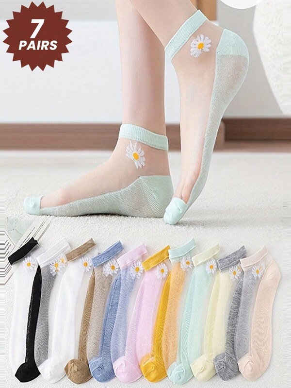 7 Pares de calcetines de mujer de colores aleatorios con patrón de margarita, calcetines de tobillo de encaje, cristal y seda, calcetines invisibles con flores para el verano
