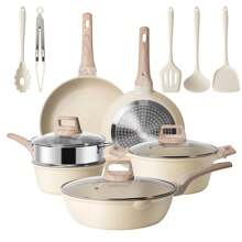 Younghome 14 Pcs Nonstick Pots And Pans Cookware Set, Kitchen Cooking Sets Easy Clean, Beige Granite