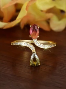 Unique Charming 925 Sterling Silver Gold Rose Red Olive Green Zirconia Open Ring, Luxury Jewelry Gift Suitable For Women Party & Daily Wear - Gold - View 4