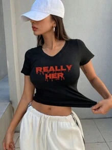 Customizable V-Neck T-Shirt, Can Add Text, Choose Font And Color Black Summer - Black - View 2