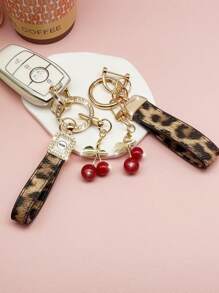 TTOBS 1pc Handmade Leopard Leather Car Key Chain With Cute Cherry Pendant - , Fashionable And Multifunctional Backpack Key Chain, The Perfect Accessory For Backpacks. The Perfect Gift For Valentine's Day, And An Excellent Gift For Your Beloved Girlfriend.