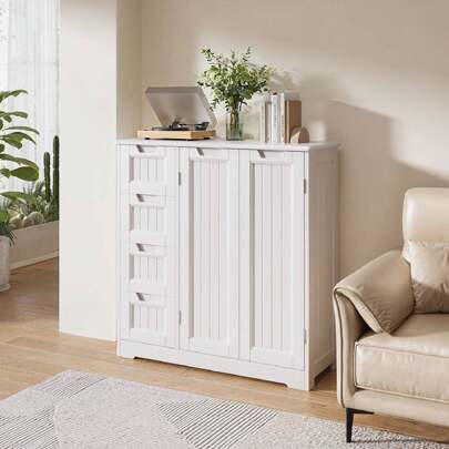 Gabinete de almacenamiento independiente para el piso del baño con 4 cajones y divisores triples con puertas dobles Tocador de madera independiente diseñado con sujetadores antivuelco