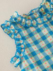 2pcs Girls Young Girl Casual Floral Plaid Pattern Shirred Collar & Sleeves Tank Top & Wide Leg Pants Set, Summer