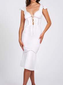 Women's Knee Length Dress Slim Short Flying Sleeve Sweetheart Neck Lace Trim Tie Up Backless Zip Up Dress For Party Club - 白色 - 查看 3