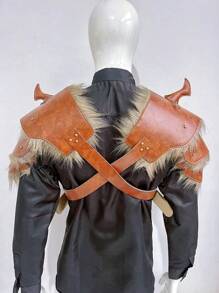 2pcs (1 Pair) Brown Retro Viking Warrior Knight Fluffy & PU Leather Horn Shoulder Guard Armor, Carnival Holiday Festival Stage Costume Prop Halloween - Brown - View 4