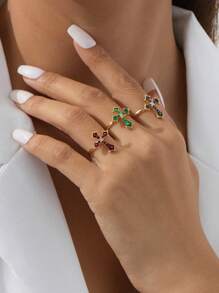 1pc Original  Faith Cross-Shaped Ring With Metal Inlay And Rhinestone Opening Design