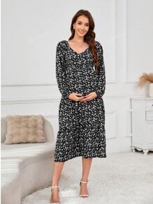 Vestido de chiffon de manga comprida com babados florais para maternidade primavera feminina