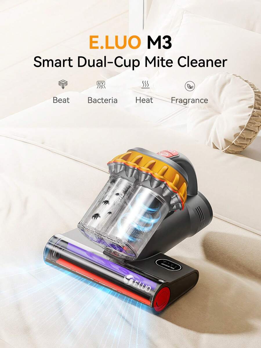 E.LUO Bed Vacuum Cleaner With UV Disinfection And High-Temperature Heating Technology, Handheld Dual Roller Brush Mattress Vacuum Cleaner, 400 Watt Powerful Dual Tube HEPA Filter Handheld Vacuum Cleaner, Suitable For Beds, Sofas, And Mattresses.