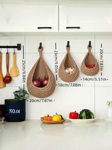 1pc Boho Macrame Wall Hanging Basket, Linen Fruit & Vegetable Storage Hook For Kitchen, Garlic & Onion Rack, Home And Dining Decor Organizer - Multicolor - View 7