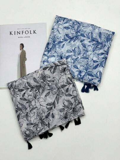 新款透气流苏披肩，优雅风格围巾，时尚女士碎花真丝围巾，多功能大围巾，可用于户外防晒、沙滩披肩、头巾等。