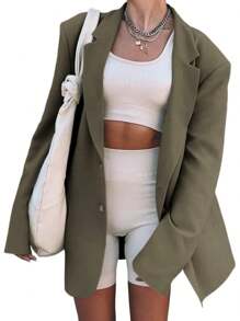 Chaqueta de trabajo de oficina de color liso con solapa extragrande y manga larga elegante e informal para mujer de LuxeLayers - Verde - Ver 3