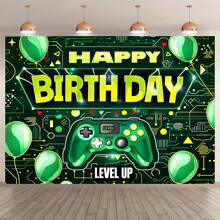 1pc Polyester Happy Birthday Backdrop, Upgraded Gaming Theme Photography Background, Game Party Decor, Video Game Theme Birthday Party Backdrop, Cake Dessert Table Banner, Photo Prop, Indoor/Outdoor Party Decoration