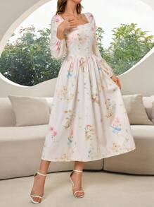 法式浪漫碎花泡泡袖连衣裙