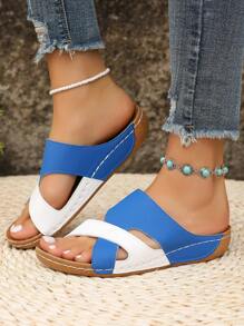 Chunky Sole Multicolor Strap Cross Sandals, Hook And Loop Beach Summer Wedge Roman Style Open Toe Slides