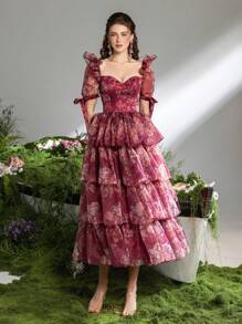 Faeriesty 仙女风舞会礼服，优雅甜心领口，泡泡袖，印花A字长裙，层叠裙摆，后背系带设计——适合盛大晚宴、花园派对、正式晚宴和红毯活动的优雅晚礼服，夏季度假必备 - 酒紅色 - 查看 5