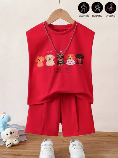 2 件可爱动物印花宽松圆领无袖上衣 + 短裤休闲运动套装，适合幼儿男孩，适合户外、休闲、度假、情人节、春夏