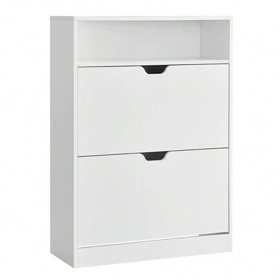 VASAGLE Shoe Cabinet 2 Flip Doors, 3 Tier Shoe Rack, With 1 Open Compartment, Adjustable And Removable Divider, For 11-16 Pairs Shoes, For Narrow Entrance, 24 X 80 X 102 Cm, White