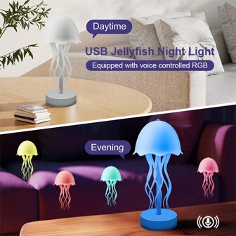 1 件 RGB USB 水母夜灯，渐变水母灯，声控水母灯，可悬挂氛围夜灯，室内外床边、桌面塑料装饰灯（彩色，暖白色）