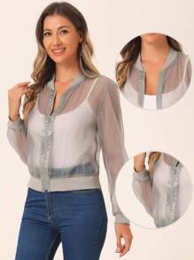 Women's Mesh Sheer Jacket See Through Long Sleeve Zip Up Bomber Jacket - Gray - View 2