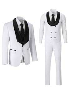 Furuyal 男士西装，绅士纯色修身三件套，包含西装外套、马甲和西裤，商务正式复古风格，白色，尺码 XS-3XL - 白色 - 查看 4