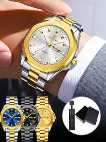 POEDAGAR 1pc Business Men's Stainless Steel Date Week Quartz Watches, Casual Waterproof Luminous Watches For Men, Luxury Watch Suitable For Work Occasions, Men's Gifts - Một cỡ - Xem 10
