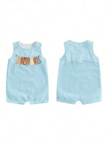 Toddler Girls Boys Clothes Ovrealls Rompers Easter Clothes Rabbit Carrot Embroidered Sleeveless Baby Bodysuits Jumpsuits - 藍色 - 查看 2