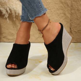 女士亚麻鞋底坡跟凉鞋，舒适露趾高跟鞋，休闲夏季露背凉鞋