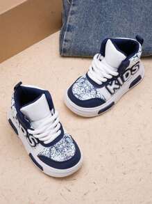 1 双中性儿童高帮平底休闲运动鞋，儿童软底防滑皮革透气运动鞋，百搭时尚跑鞋，适合春、夏、秋、冬 - 藍色 - 查看 8